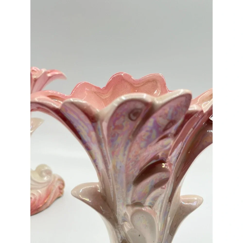 Lefton Ceramic Cornucopia Floral Gold Trim Vases Set 2 Hand‎ painted